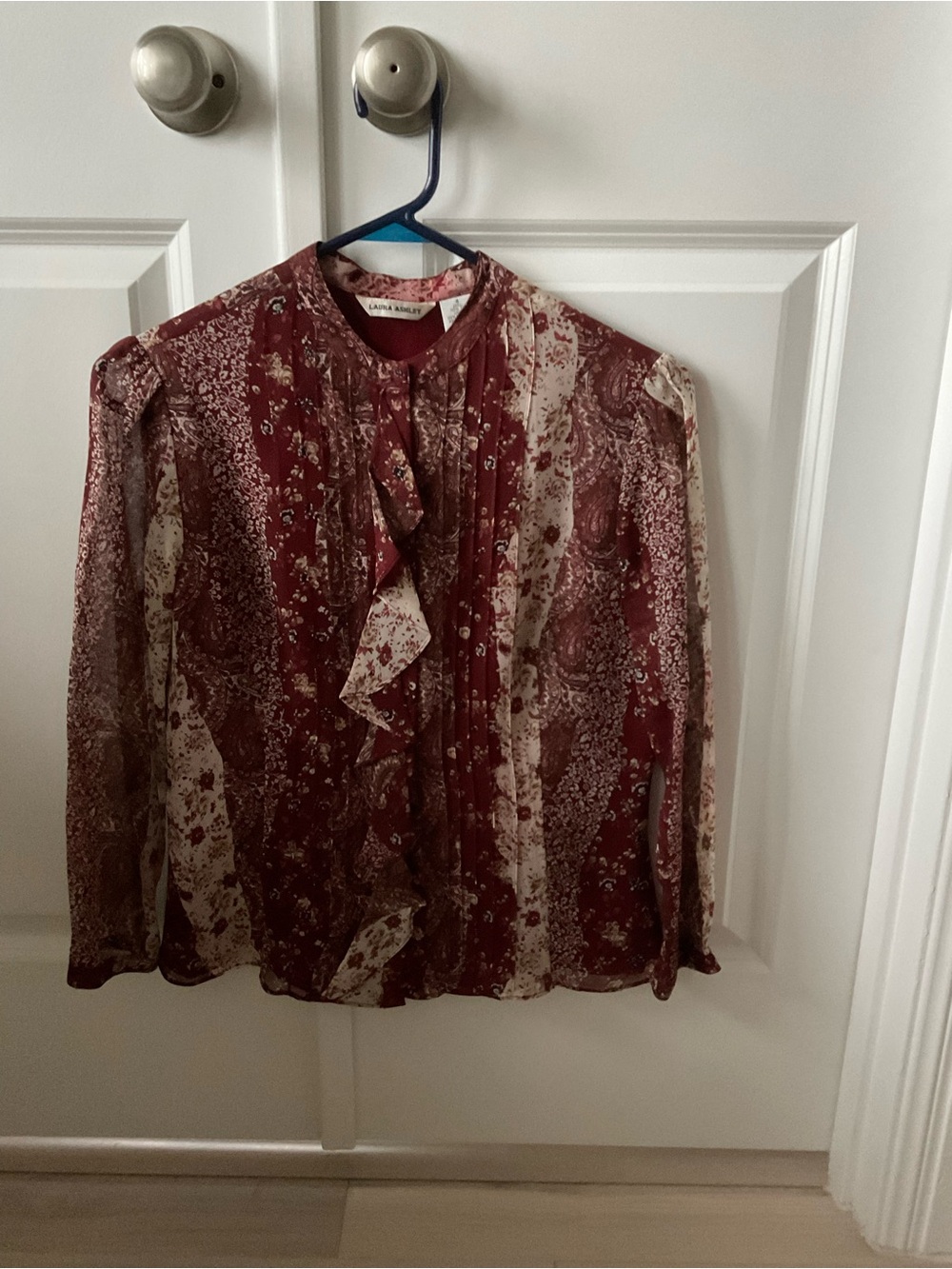 Laura Ashley Silk Red and Cream Paisley Ruffle Front Button-Down Blouse